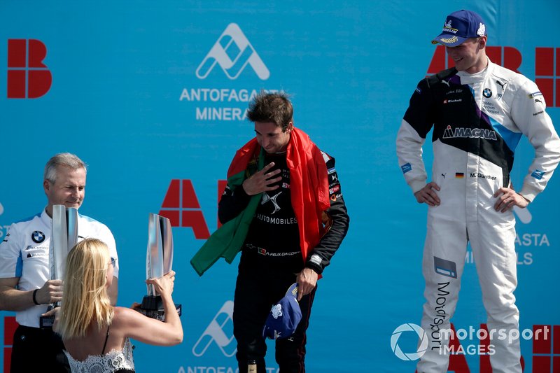 Antonio Felix da Costa, DS Techeetah, 2nd position celebrates on the podium with Race winner Maximilian Günther, BMW I Andretti Motorsports