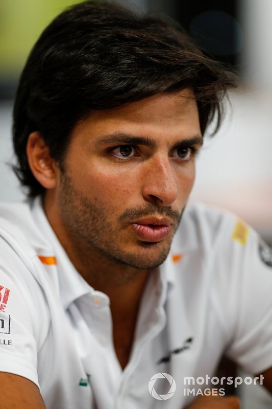 Carlos Sainz Jr., McLaren, talks to the media