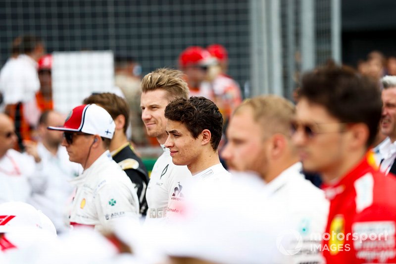 Kimi Raikkonen, Alfa Romeo Racing, Nico Hulkenberg, Renault F1 Team, Lando Norris, McLaren, Valtteri Bottas, Mercedes AMG F1, and Charles Leclerc, Ferrari