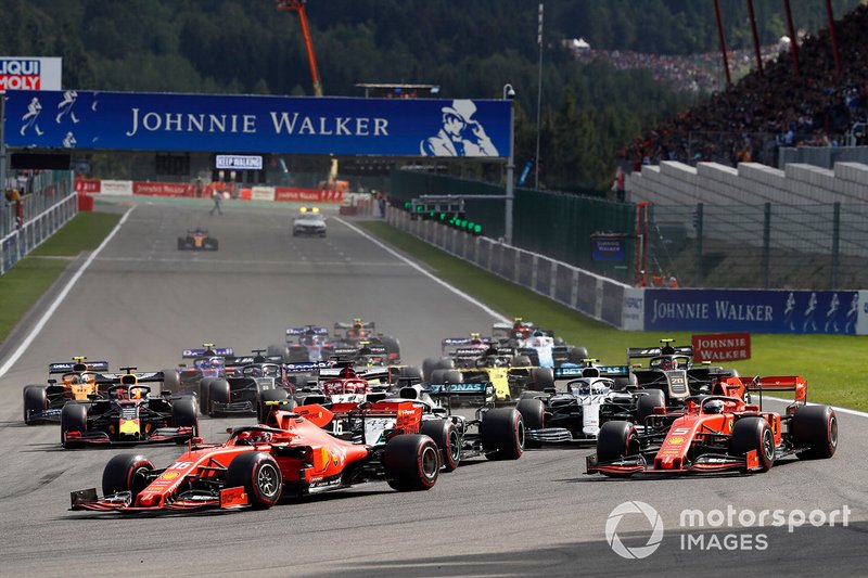 Charles Leclerc, Ferrari SF90, leads Sebastian Vettel, Ferrari SF90, Lewis Hamilton, Mercedes AMG F1 W10, Valtteri Bottas, Mercedes AMG W10 at the start of the race