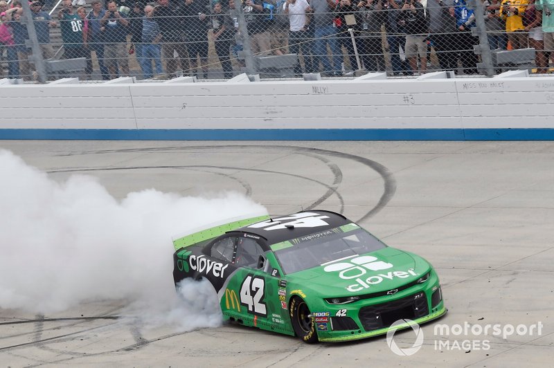 Kyle Larson, Chip Ganassi Racing, Chevrolet Camaro Clover, celebrates after winning.