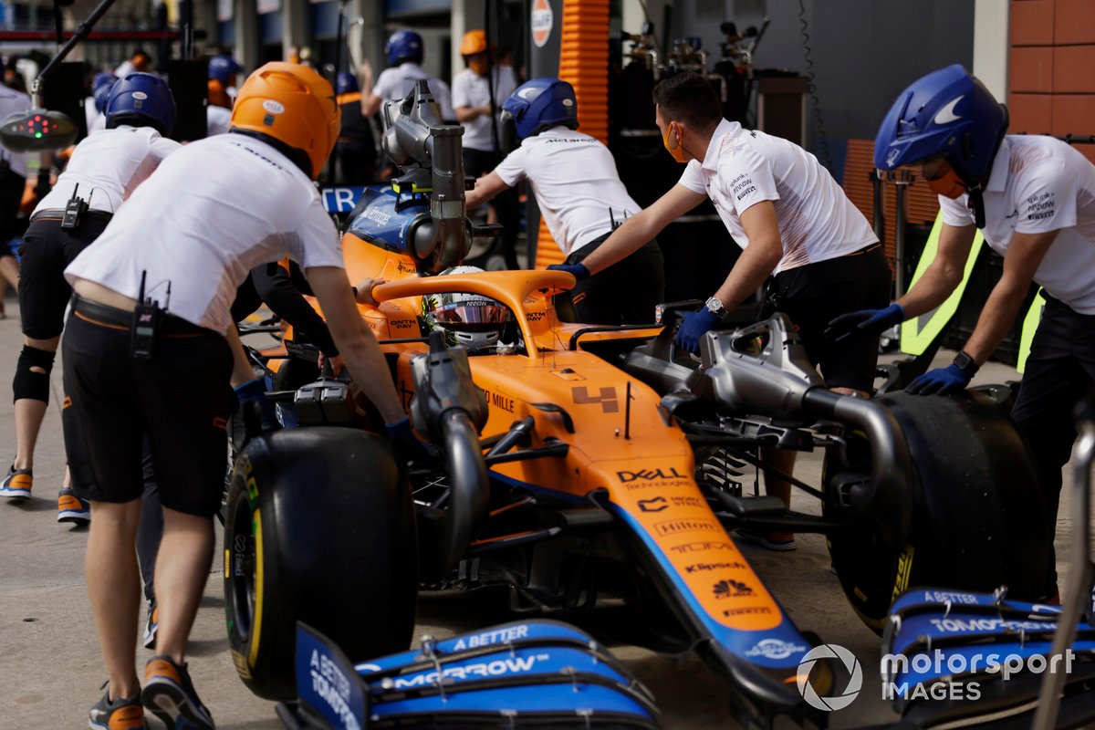 Lando Norris, McLaren MCL35M, in pit lane