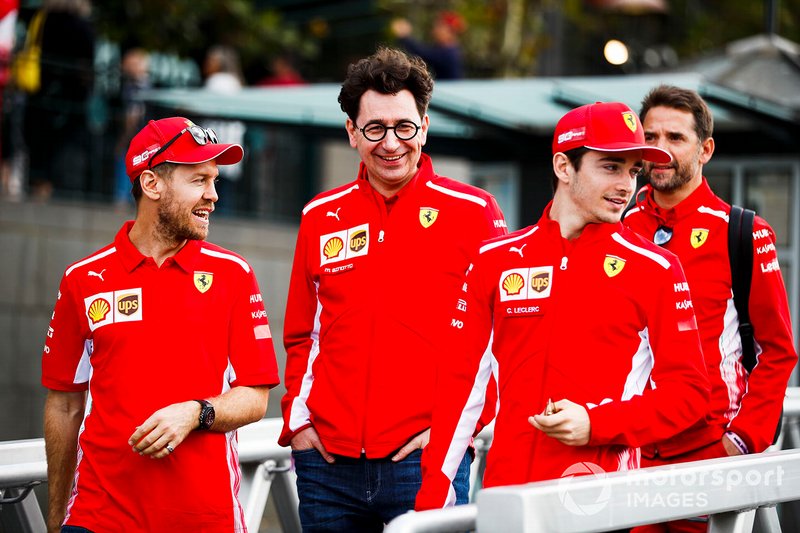 Sebastian Vettel, Ferrari, Mattia Binotto, Team Principal Ferrari and Charles Leclerc, Ferrari on the way to the Federation Square event