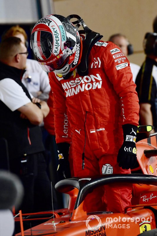 Charles Leclerc, Ferrari, terzo, arriva al Parco Chiuso
