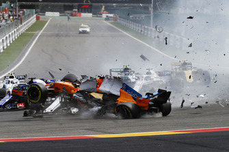 Fernando Alonso, McLaren MCL33, crashes over Charles Leclerc, Sauber C37, after contact from Nico Hulkenberg, Renault Sport F1 Team R.S. 18, at the start