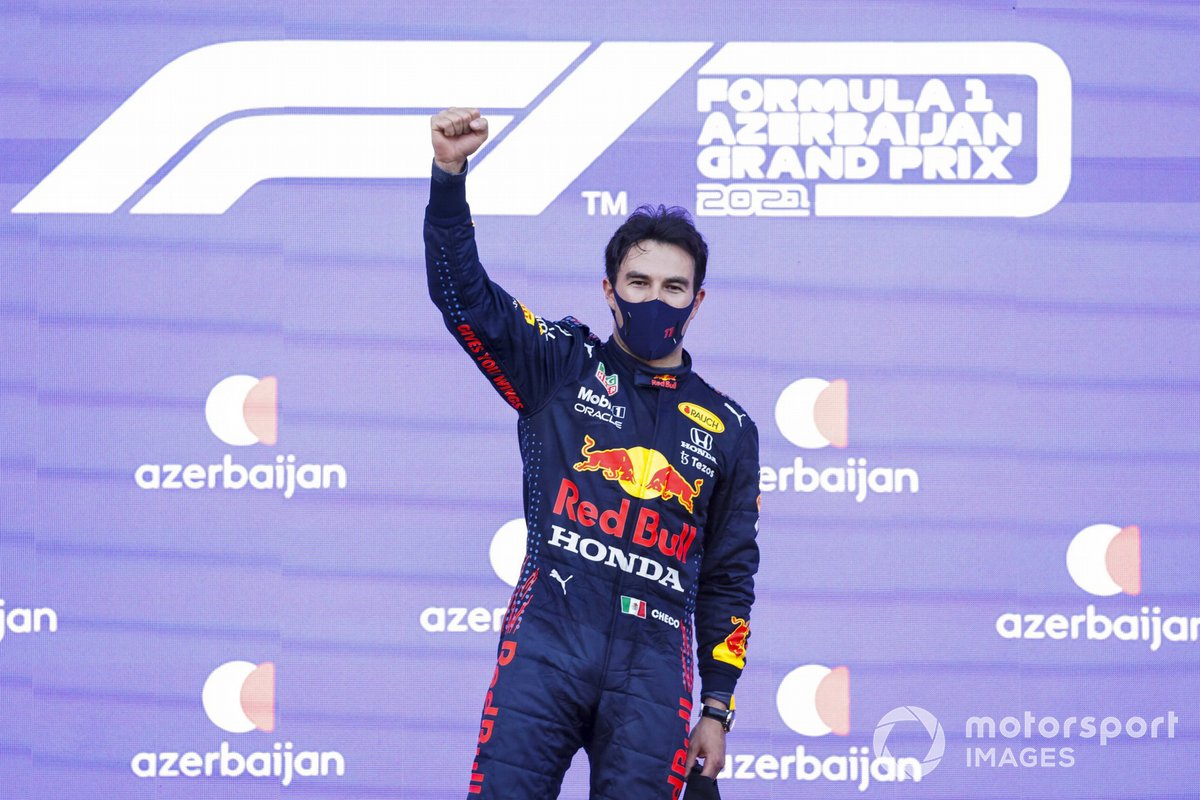 Sergio Perez, Red Bull Racing, 1st position, on the podium