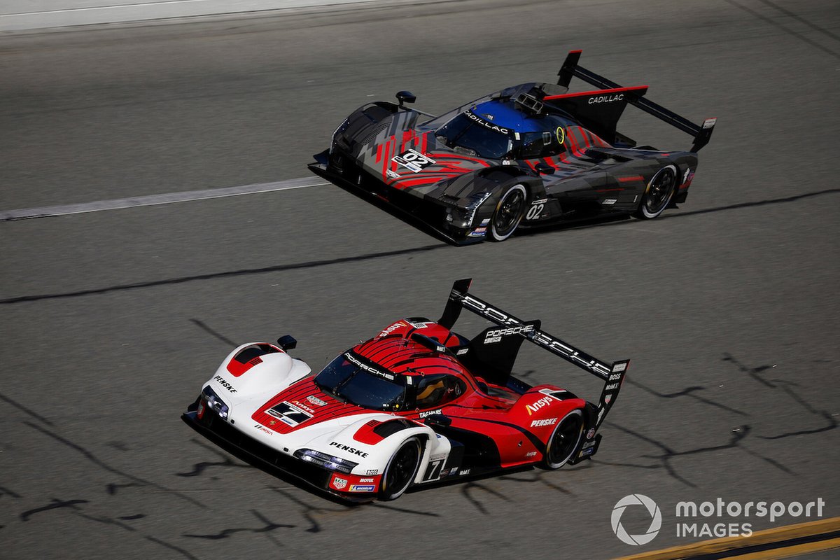 #02 Chip Ganassi Racing Cadillac DPi: Earl Bamber, Alex Lynn, Richard Westbrook, #7 Porsche Penske Motorsport, Porsche 963, GTP: Mathieu Jaminet, Michael Christensen, Nick Tandy