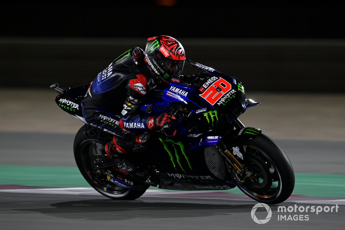 Fabio Quartararo, Yamaha Factory Racing, masih kesulitan mengejar top speed bagus di atas Yamaha YZR M1. Tampak Quartararo saat turun di MotoGP Doha.