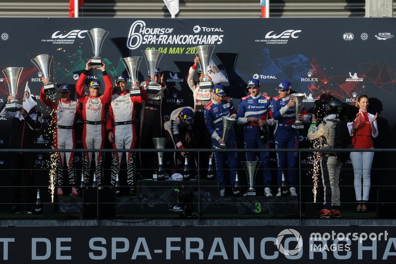 P1 Podio, #3 Rebellion Racing Rebellion R-13 - Gibson: Nathanael Berthon, Thomas Laurent, Gustavo Menezes, #8 Toyota Gazoo Racing Toyota TS050: Sébastien Buemi, Kazuki Nakajima, Fernando Alonso and #11 SMP Racing BR Engineering BR1: Mikhail Aleshin, Vitaly Petrov, Stoffel Vandoorne
