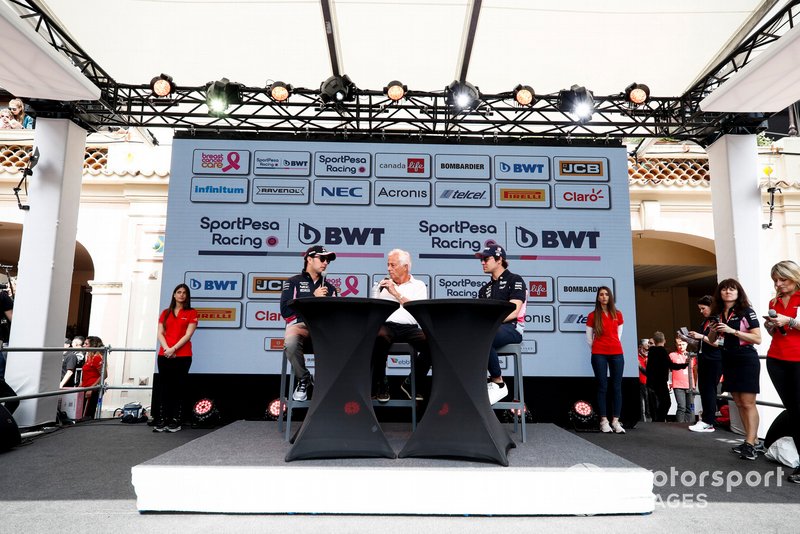 Lance Stroll, Racing Point and Sergio Perez, Racing Point on stage in the fan zone