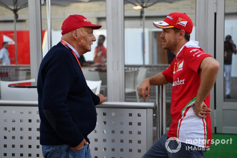 Niki Lauda, Mercedes AMG F1 Non-Executive Chairman and Sebastian Vettel, Ferrari 