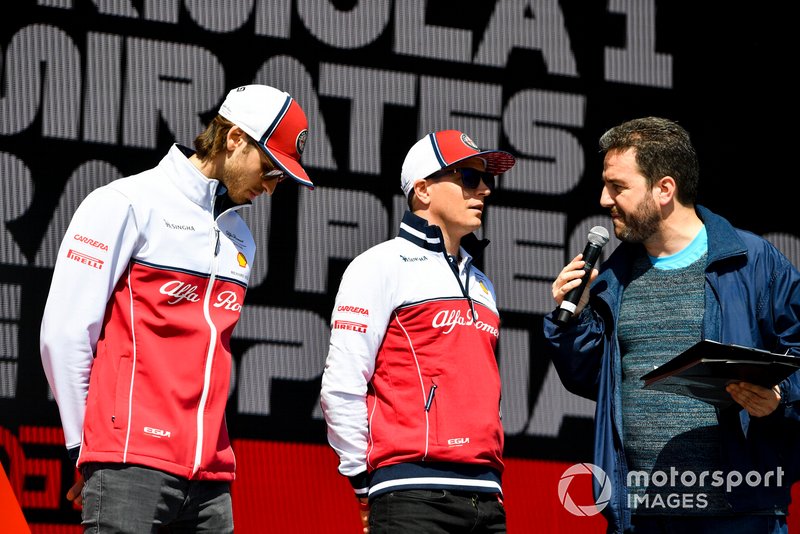 Antonio Giovinazzi, Alfa Romeo Racing and Kimi Raikkonen, Alfa Romeo Racing on stage at the Fan Zone