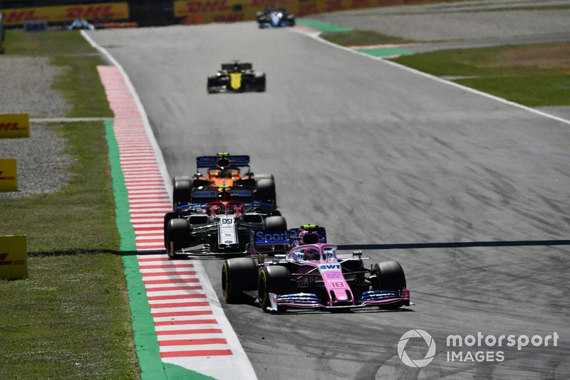 Lance Stroll, Racing Point RP19, leads Antonio Giovinazzi, Alfa Romeo Racing C38, Lando Norris, McLaren MCL34, and Nico Hulkenberg, Renault R.S. 19