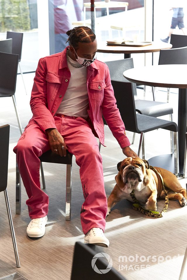 Lewis Hamilton, Mercedes-AMG F1, with his dog Roscoe