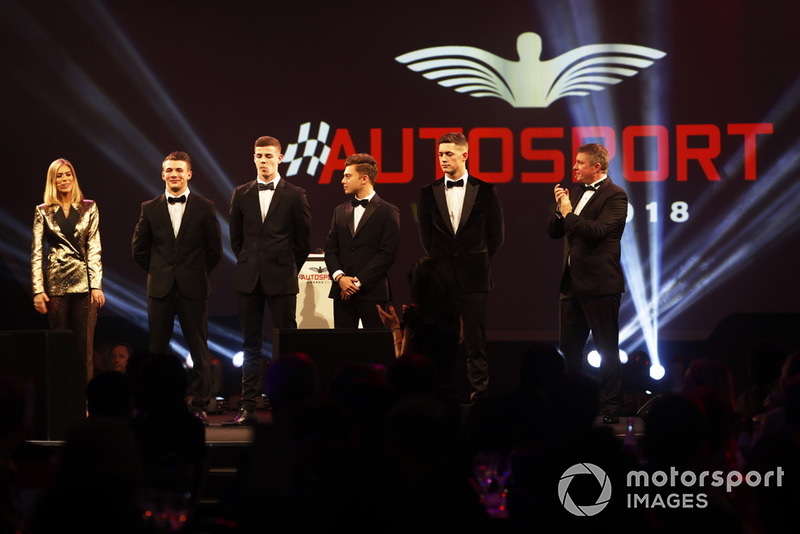 McLaren Autosport BRDC Award nominees Jamie Caroline, Tom Gamble, Max Fewtrell and Kiern Jewiss, on stage