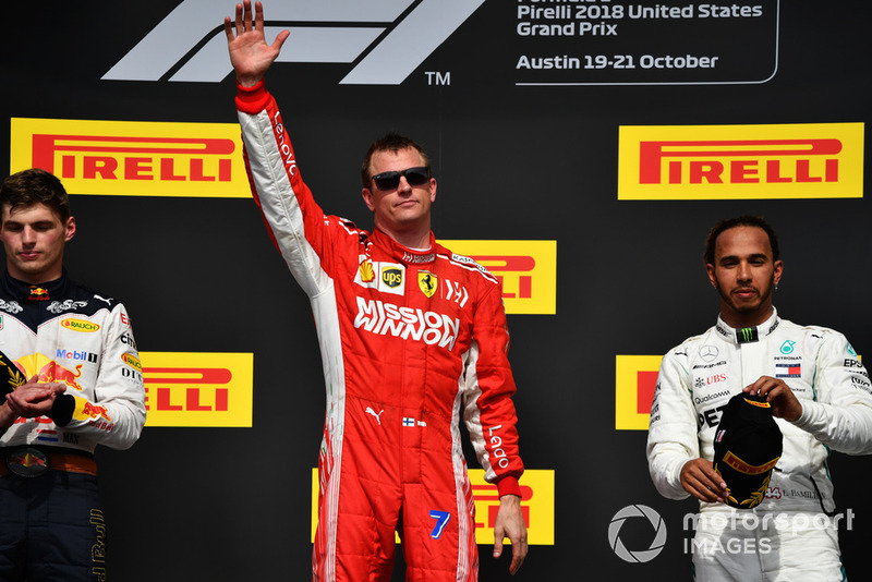 (L to R): Max Verstappen, Red Bull Racing, Kimi Raikkonen, Ferrari and Lewis Hamilton, Mercedes AMG F1 celebrate on the podium 