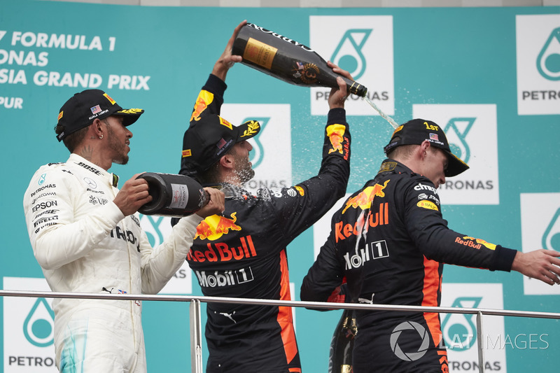 second place third place Lewis Hamilton, Mercedes AMG F1 Daniel Ricciardo, Red Bull Racing, Max Verstappen, Red Bull Racing, race winner, celebrate, Champagne on the podium