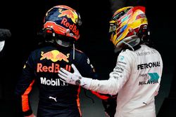 Max Verstappen, Red Bull Racing and Lewis Hamilton, Mercedes AMG F1 celebrate in parc ferme