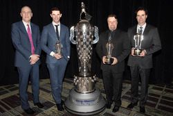 James Verrier of BorgWarner, 2016 Indy 500 Winner Alexander Rossi ,Team Owner Michael Andretti, Co-entrant Bryan Herta and with their baby Borg-Warner Trophies and the Borg-Warner Trophy