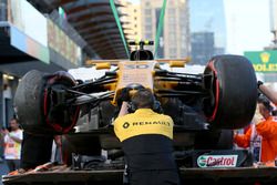 The crashed car of Jolyon Palmer, Renault Sport F1 Team RS17 is recovered in FP2