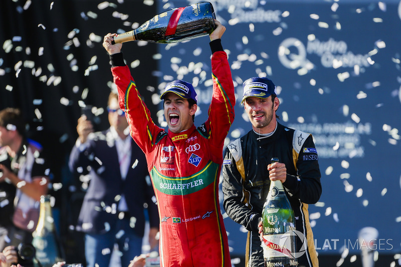 Lucas di Grassi, ABT Schaeffler Audi Sport, and Jean-Eric Vergne, Techeetah, celebrate on the podium