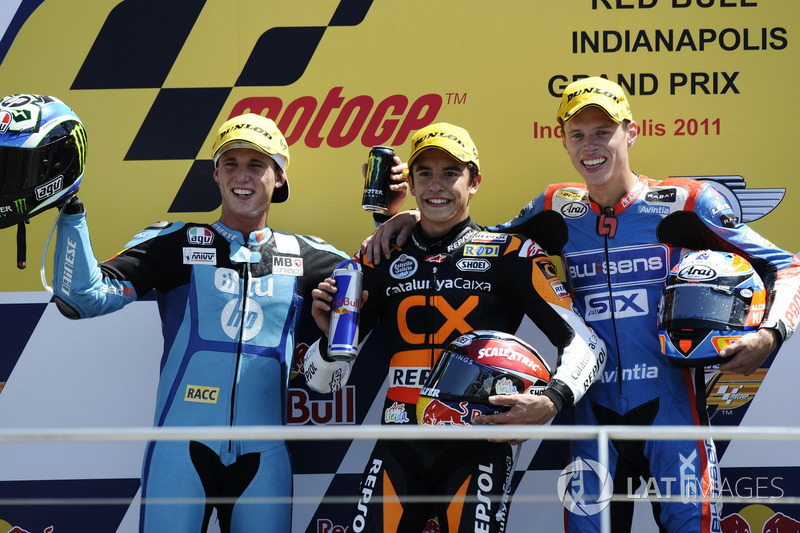 Le podium du GP d'Indianapolis 2011 de Moto2 : Marc Marquez, Pol Espargaro, Tito Rabat