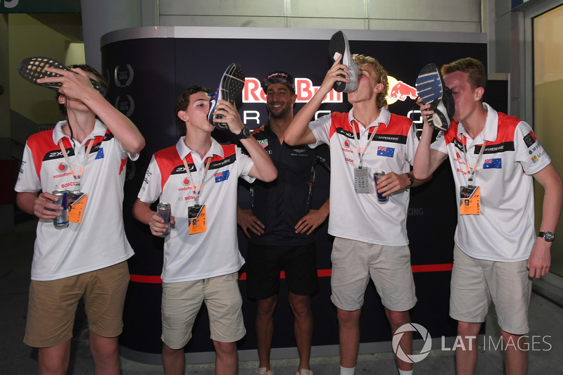 F1 in Schools winners celebrate, a Shoey and Daniel Ricciardo, Red Bull Racing
