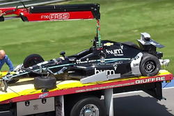 The crashed car of Josef Newgarden, Team Penske Chevrolet