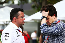 Eric Boullier, McLaren Racing Director with Toto Wolff, Mercedes AMG F1 Shareholder and Executive Di