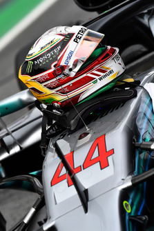 Helmet of Lewis Hamilton, Mercedes AMG F1 in Parc Ferme
