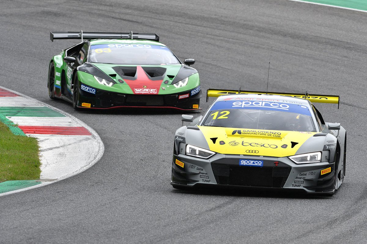 #12 Audi Sport Italia, Audi R8 LMS GT3 Evo: Lorenzo Ferrari, Riccardo Agostini e #63 Imperiale Racing, Lamborghini Huracán GT3 Evo: Luca Ghiotto, Alex Frassineti

