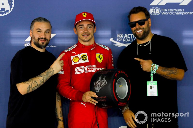 Pole sitter Charles Leclerc, Ferrari receives the Pirelli Pole Position award from Swedish House Mafia, DJs