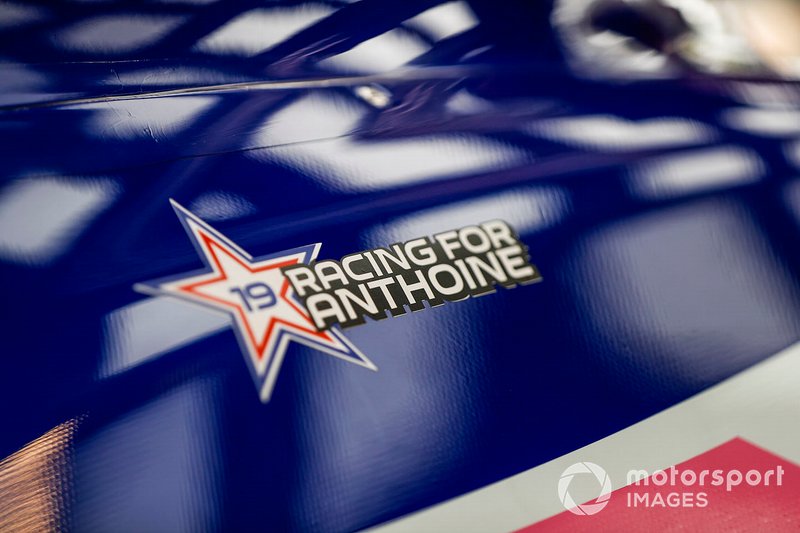 The Racing for Anthoine logo on the Racing Point RP19 Halo, in salute to the passing of F2 racer Anthoine Hubert