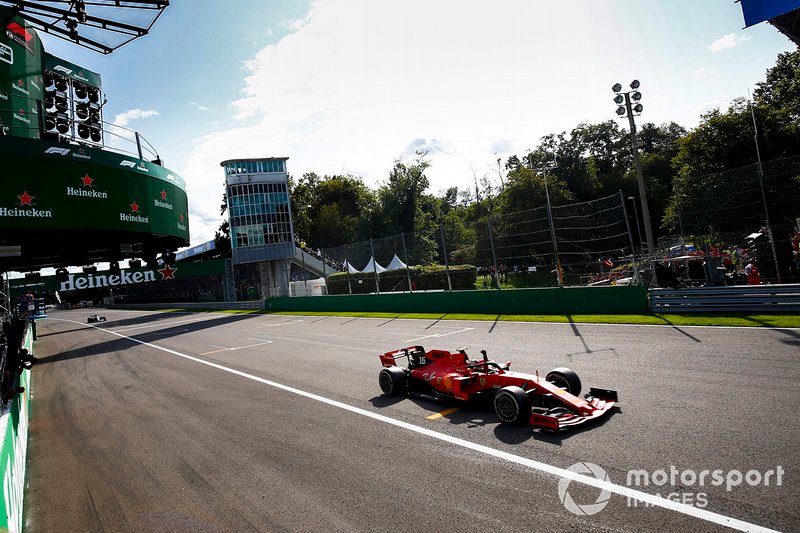 Race winner Charles Leclerc, Ferrari SF90 celebrates crossing the finish line