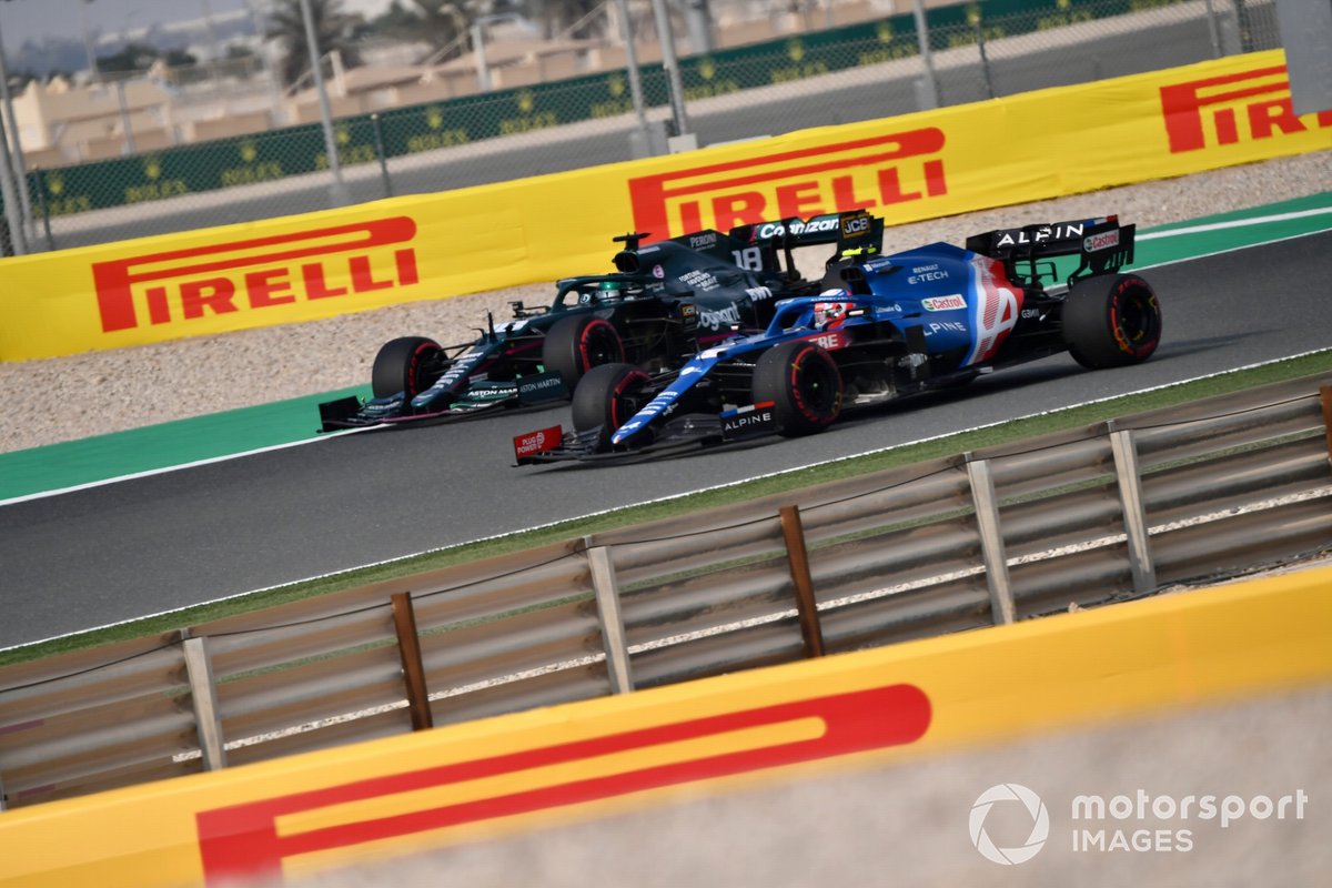 Esteban Ocon, Alpine A521, Lance Stroll, Aston Martin AMR21