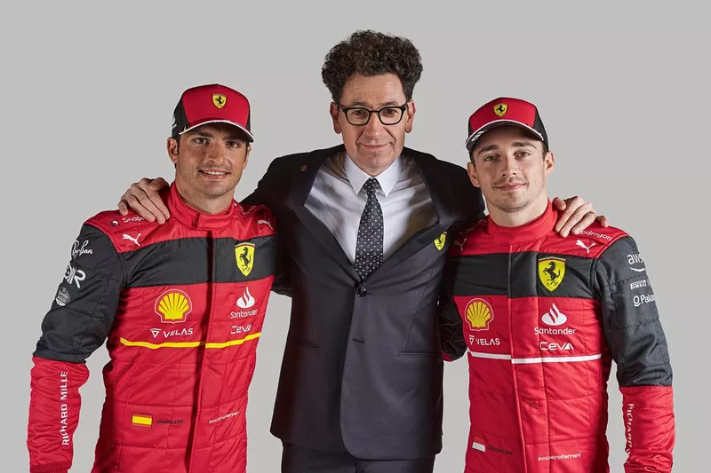 Charles Leclerc, Carlos Sainz Jr., Ferrari, Mattia Binotto, Team Principal, Ferrari 
