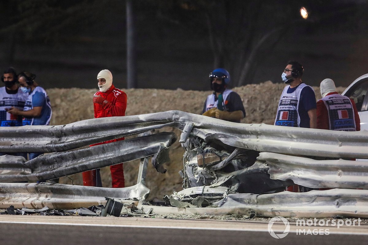 The remains of the car of Romain Grosjean, Haas VF-20