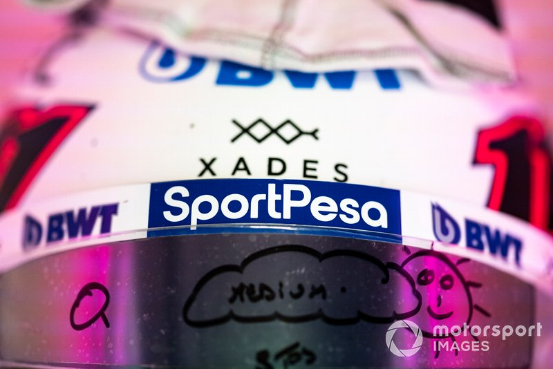 Helmet with cloud visor fitted for Sergio Perez, Racing Point