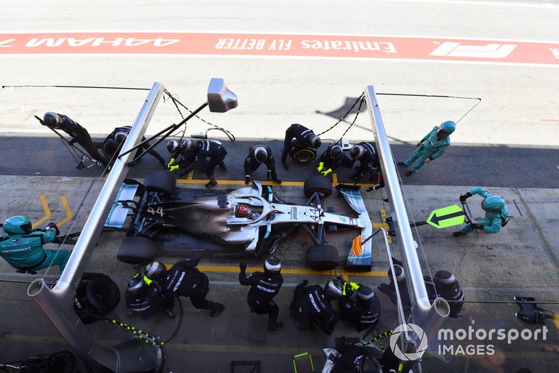 Lewis Hamilton, Mercedes AMG F1 W10, makes a stop