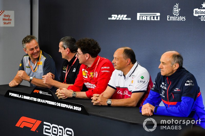 Mario Isola, Racing Manager, Pirelli Motorsport, Guenther Steiner, Team Principal, Haas F1, Mattia Binotto, Team Principal Ferrari, Frederic Vasseur, Team Principal, Alfa Romeo Racing, and Franz Tost, Team Principal, Toro Rosso, in the team principals Press Conference