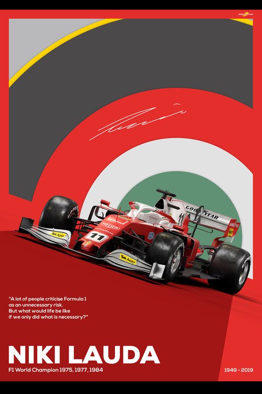 Niki Lauda tribute poster featuring the 2019 Ferrari SF90 with a classic livery