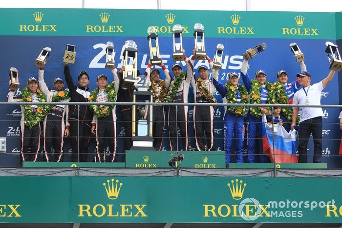 #8 Toyota Gazoo Racing Toyota TS050: Sébastien Buemi, Kazuki Nakajima, Fernando Alonso, #7 Toyota Gazoo Racing Toyota TS050: Mike Conway, Kamui Kobayashi, Jose Maria Lopez, #11 SMP Racing BR Engineering BR1: Mikhail Aleshin, Vitaly Petrov, Stoffel Vandoorne