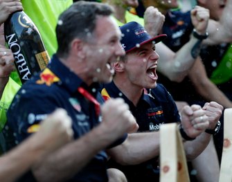 Christian Horner and Max Verstappen, Red Bull Racing celebrate with the team