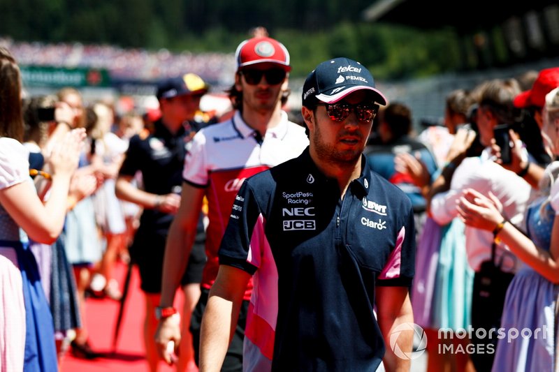 Sergio Perez, Racing Point, and Antonio Giovinazzi, Alfa Romeo Racing, in the drivers parade