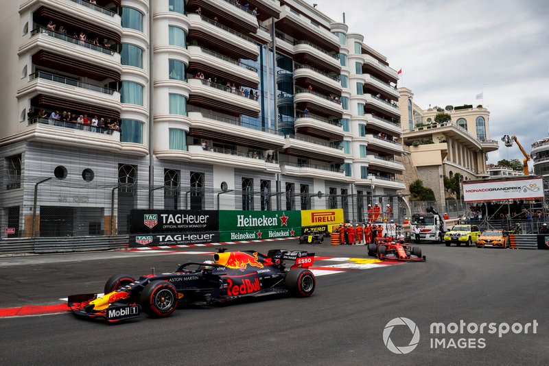 Max Verstappen, Red Bull Racing RB15, leads Sebastian Vettel, Ferrari SF90, and Daniel Ricciardo, Renault R.S.19