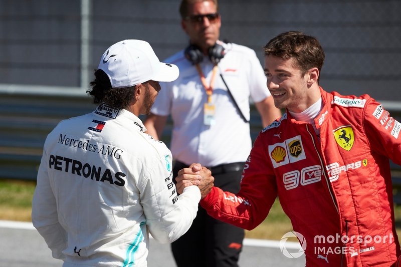 Lewis Hamilton, Mercedes AMG F1, congratulates Pole sitter Charles Leclerc, Ferrari