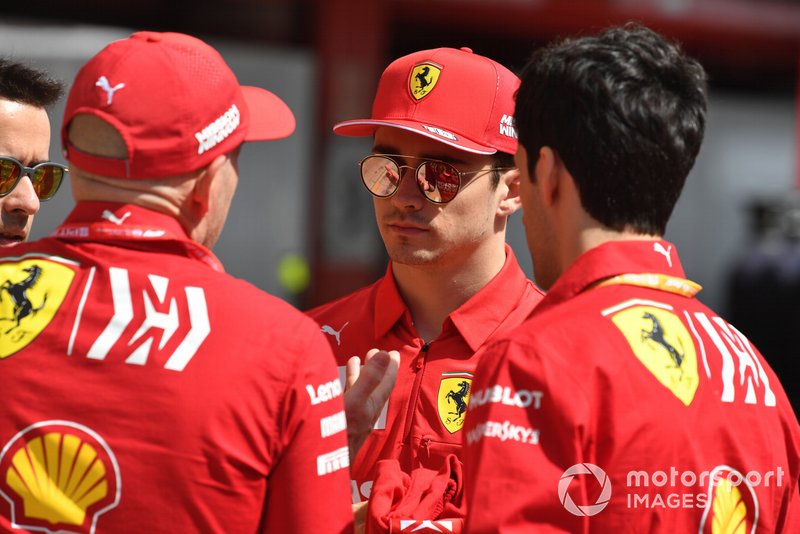 Charles Leclerc, Ferrari speaks with Jock Clear, Ferrari in the pit lane