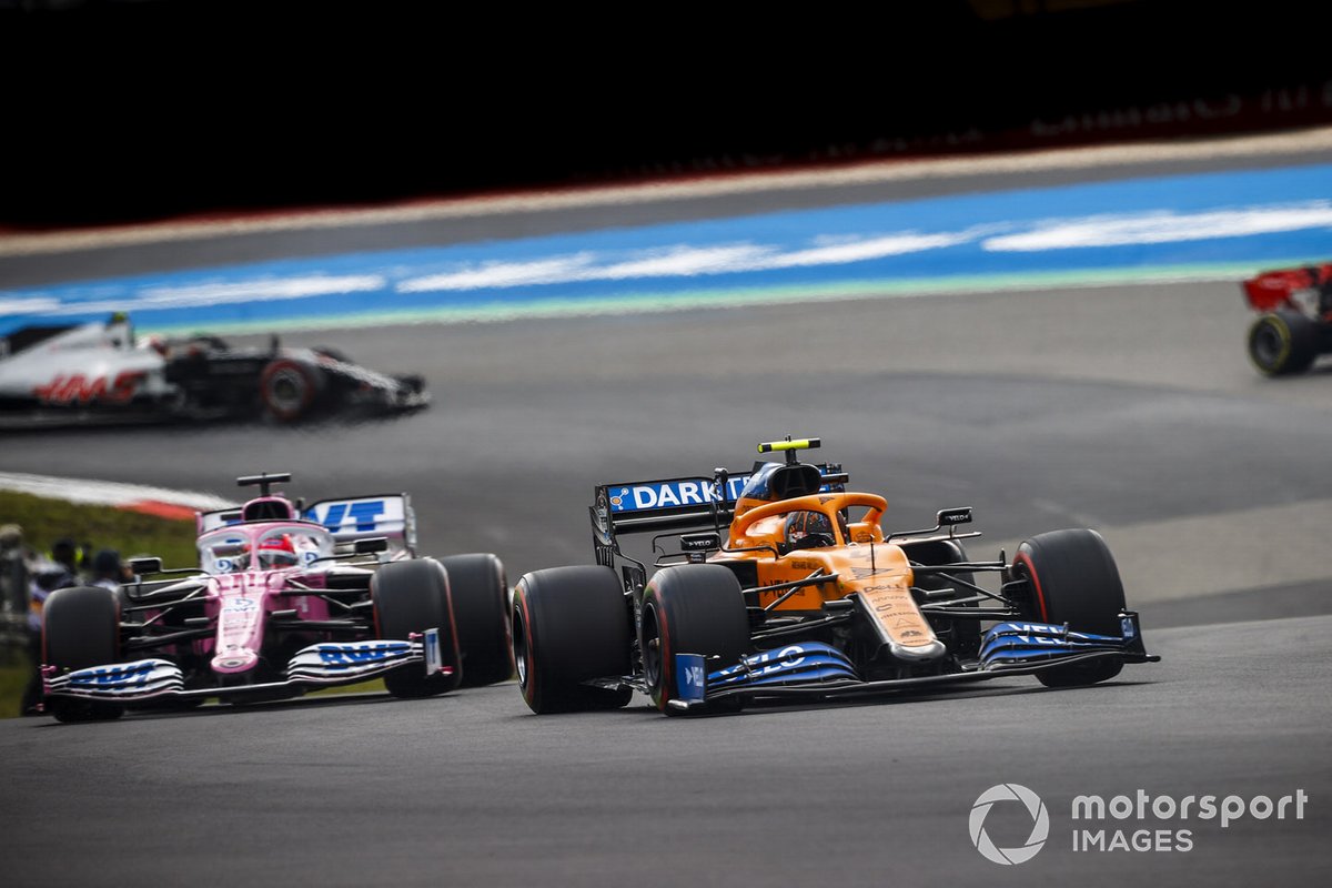 Lando Norris, McLaren MCL35, Sergio Perez, Racing Point RP20