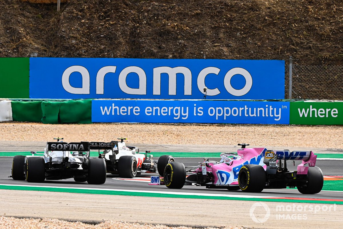 Romain Grosjean, Haas VF-20, Nicholas Latifi, Williams FW43, Sergio Pérez, Racing Point RP20