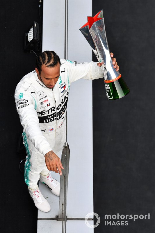 Lewis Hamilton, Mercedes AMG F1, 1st position, with his trophy